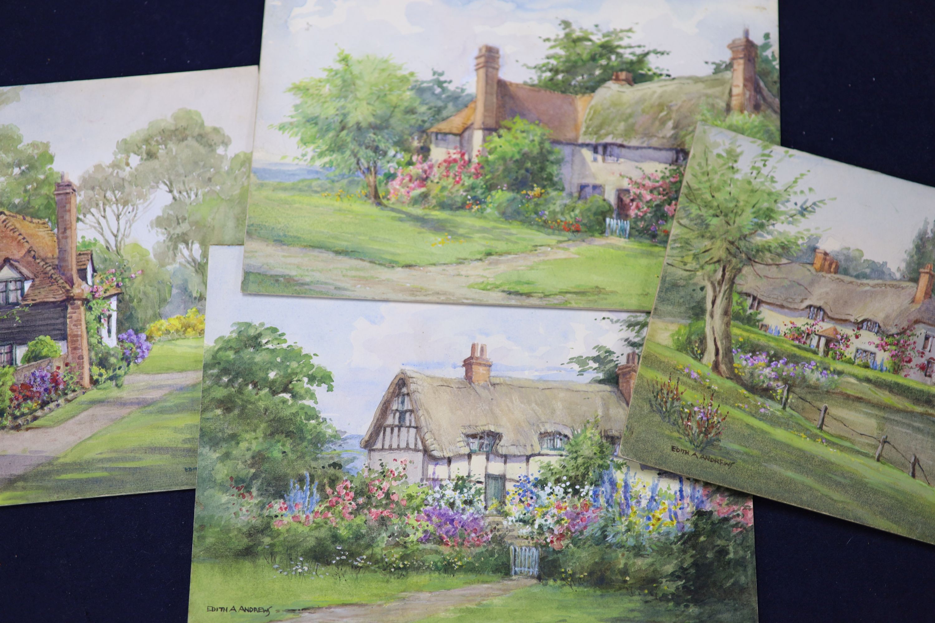 Edith Alice Andrews (1873-1962), watercolour, four small studies of cottage gardens